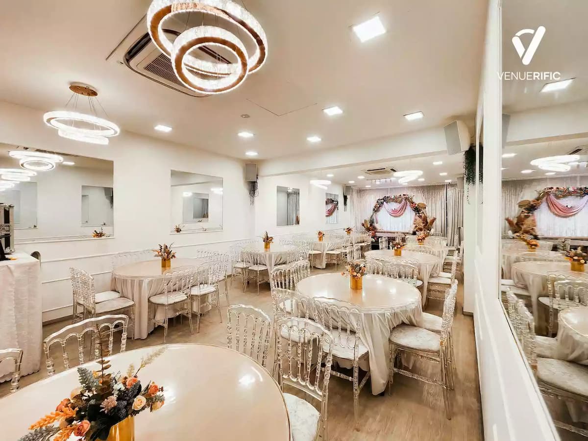Elegant banquet space with round tables, crystal chairs, and floral wedding stage.