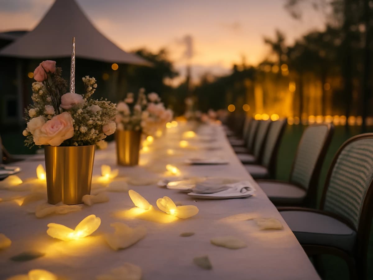 Elegant outdoor dinner setup at sunset with long table, floral centerpieces, and glowing candle lights.