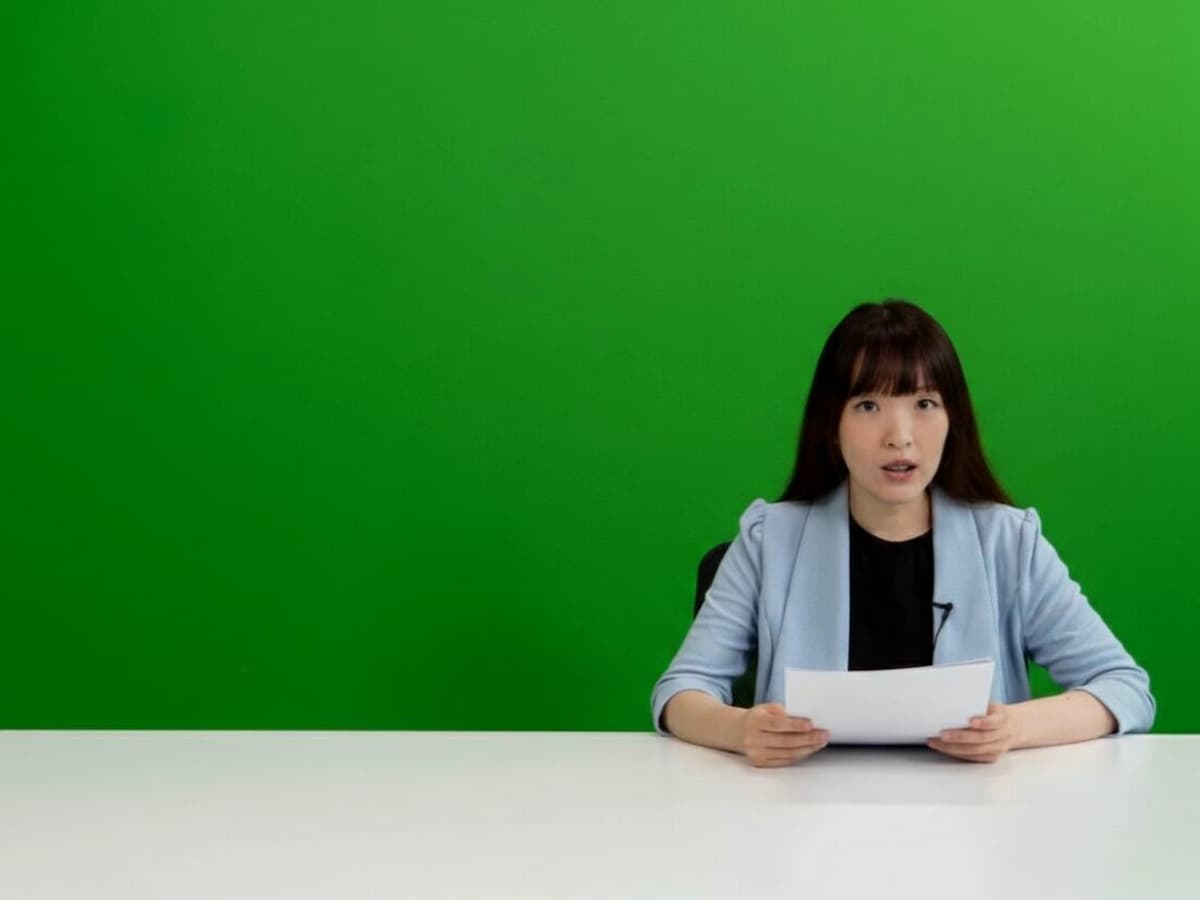 presenter in a light blue blazer reading a script at a white desk while recording a news segment in a green screen studio in kuala lumpur