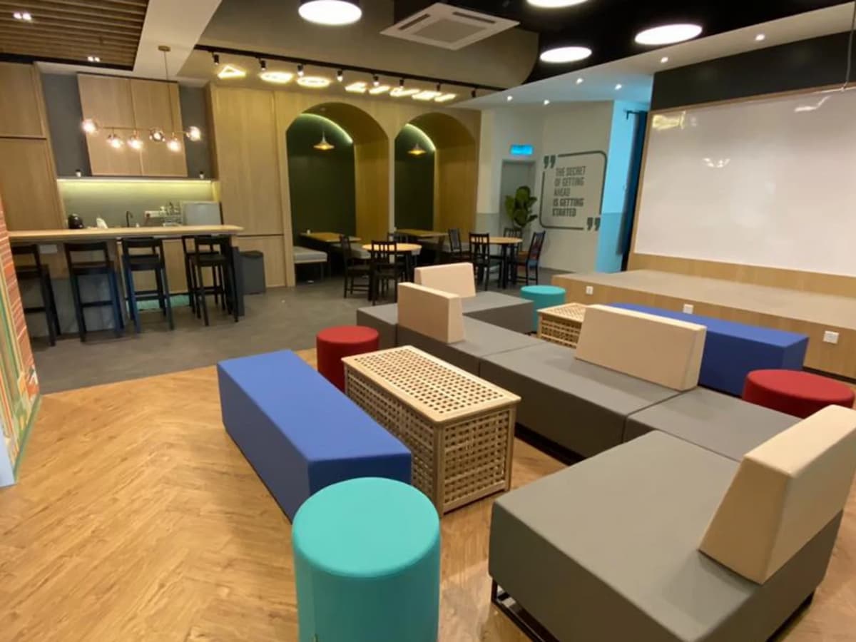 colourful modular lounge seating and pantry bar counter at event loft event space in seri petaling kuala lumpur