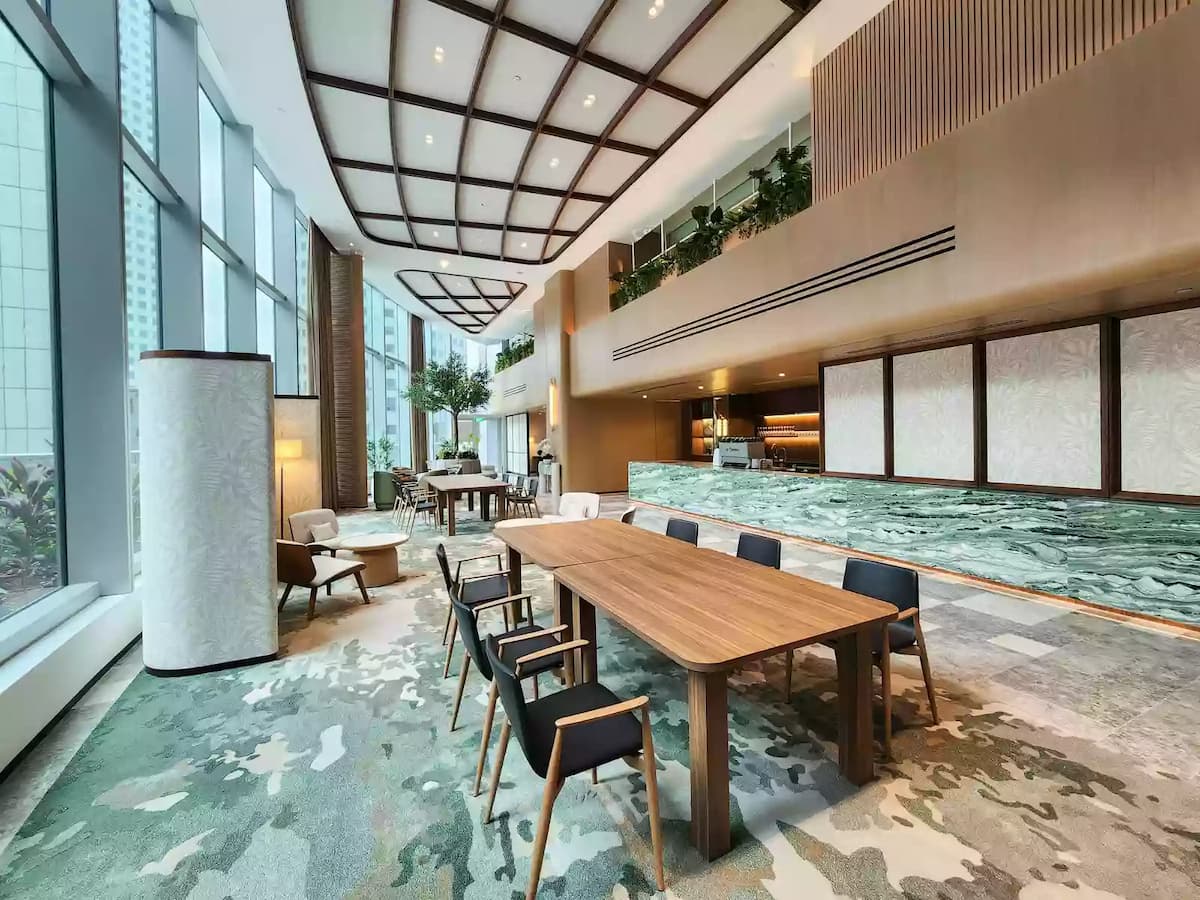 modern event space with communal seating and elegant interior design