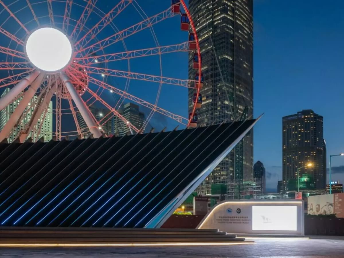 illuminated pavilion glowing at night for evening events at anchor plaza hong kong maritime museum central