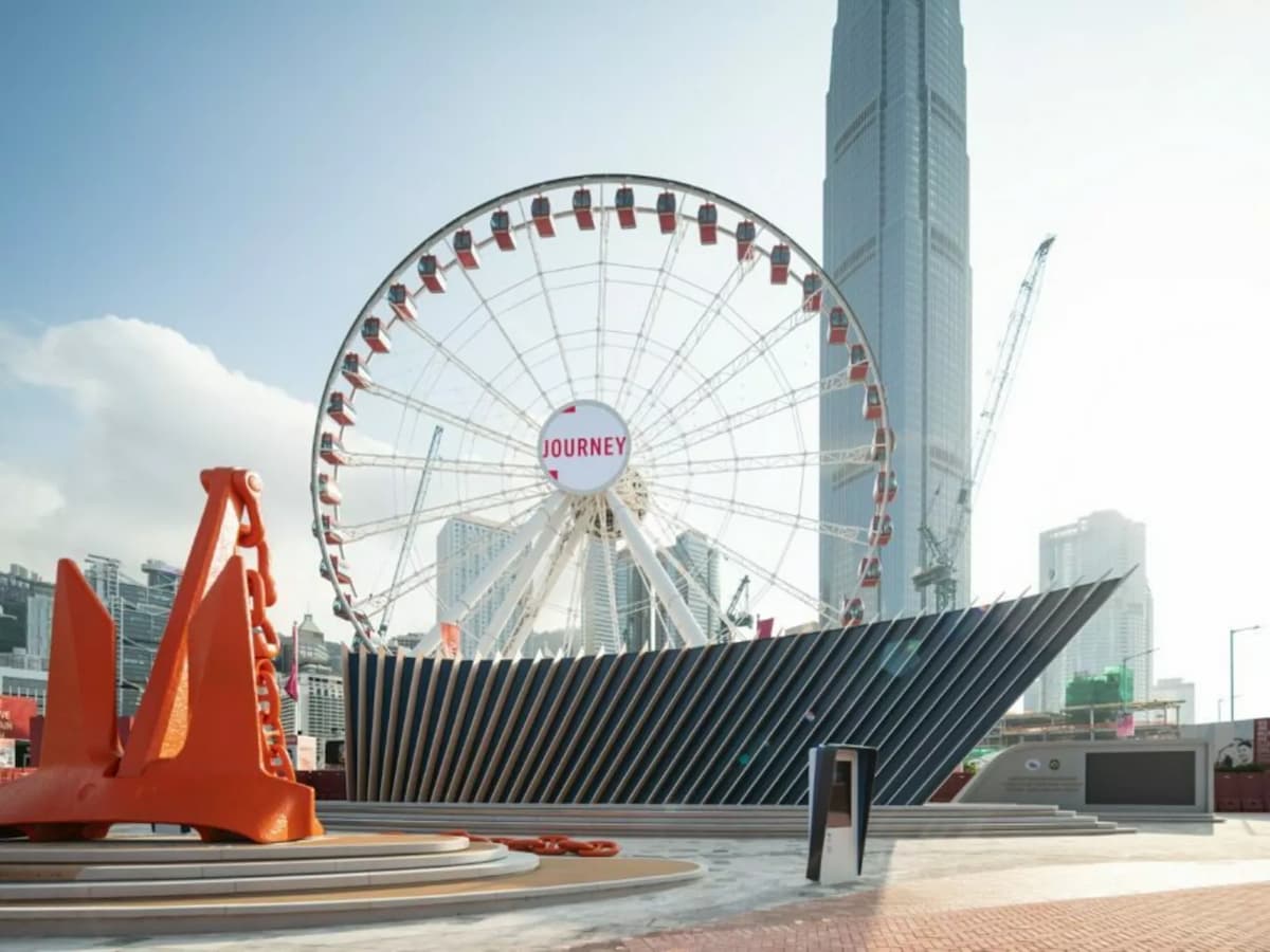 outdoor anchor plaza event space with pavilion and observation wheel at hong kong maritime museum central