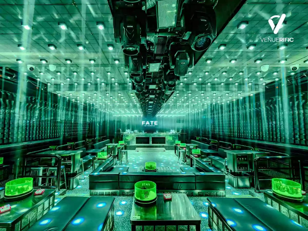Immersive event hall at FATE by HaveFun featuring programmable LED walls, intelligent lighting, premium AV systems, and flexible seating, ideal for corporate galas, product launches, award ceremonies, concerts, and private celebrations.