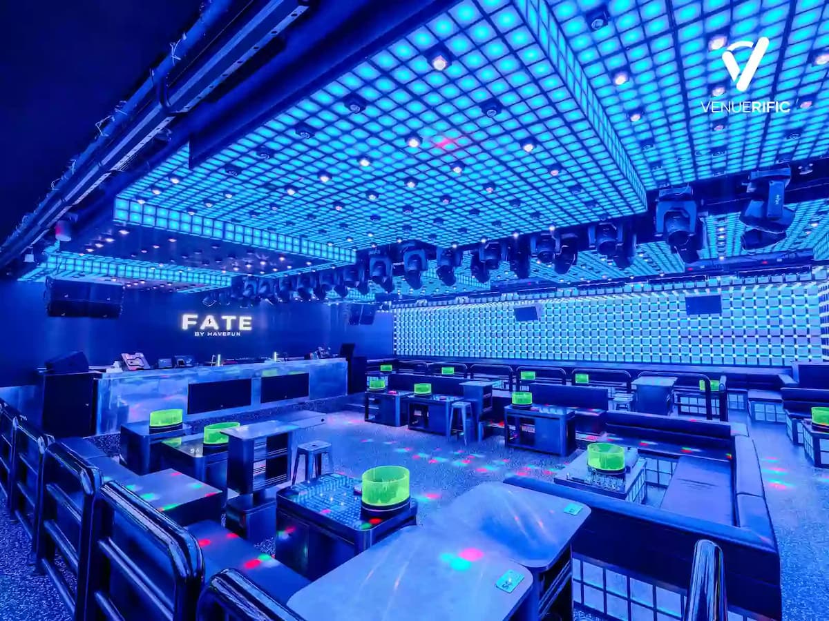 Premium event hall at FATE by HaveFun featuring a programmable LED ceiling, immersive lighting effects, advanced AV systems, and flexible lounge seating, making it an exceptional venue for corporate events, product launches, networking functions, concerts, and private celebrations.