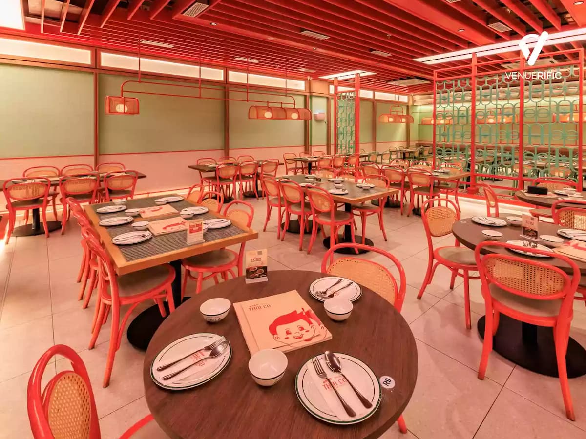 Vibrant contemporary Thai restaurant with spacious dining areas, colourful oriental-inspired interiors, and flexible seating arrangements, ideal for corporate events, family celebrations, birthday parties, group dining, and private gatherings.