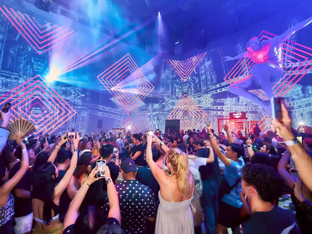 colorful neon light installation for concert events with large crowd gathering at modern event venue in kuala lumpur
