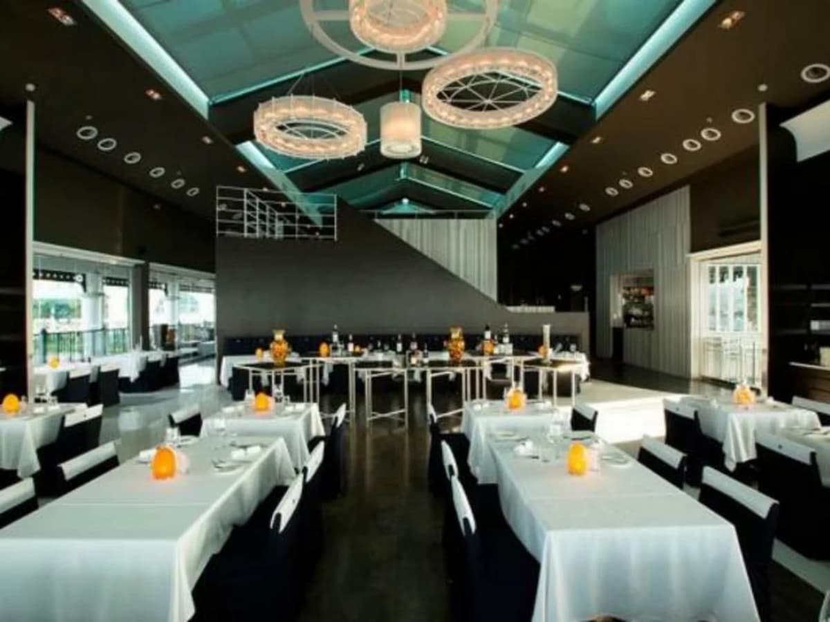 main dining area of watermark party with chandeliers