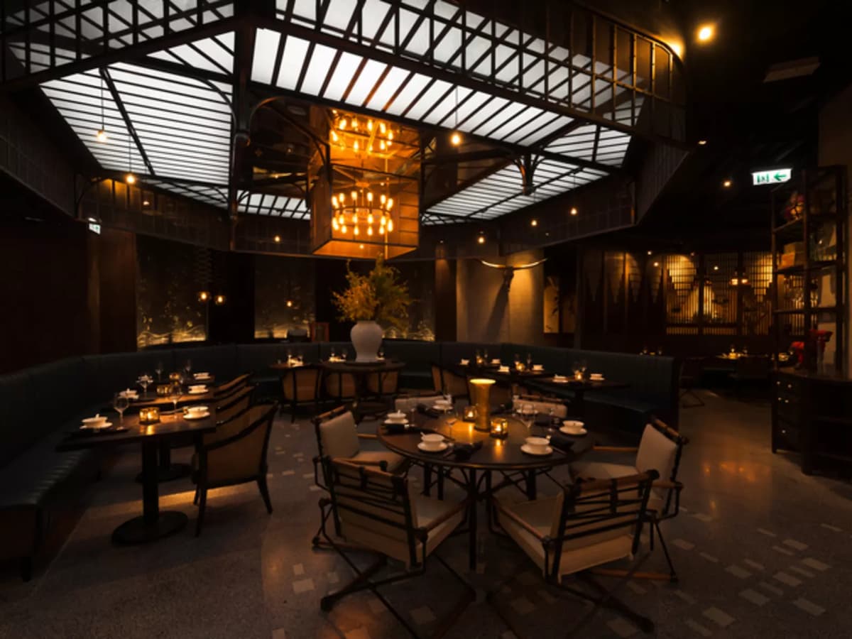 restaurant dining setting with natural lighting from ceiling