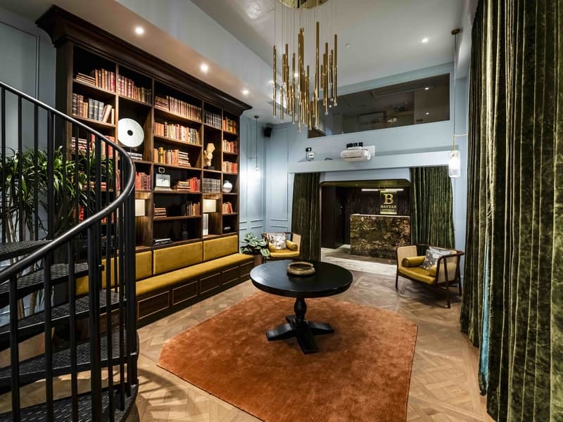 library area leading to black marble lobby