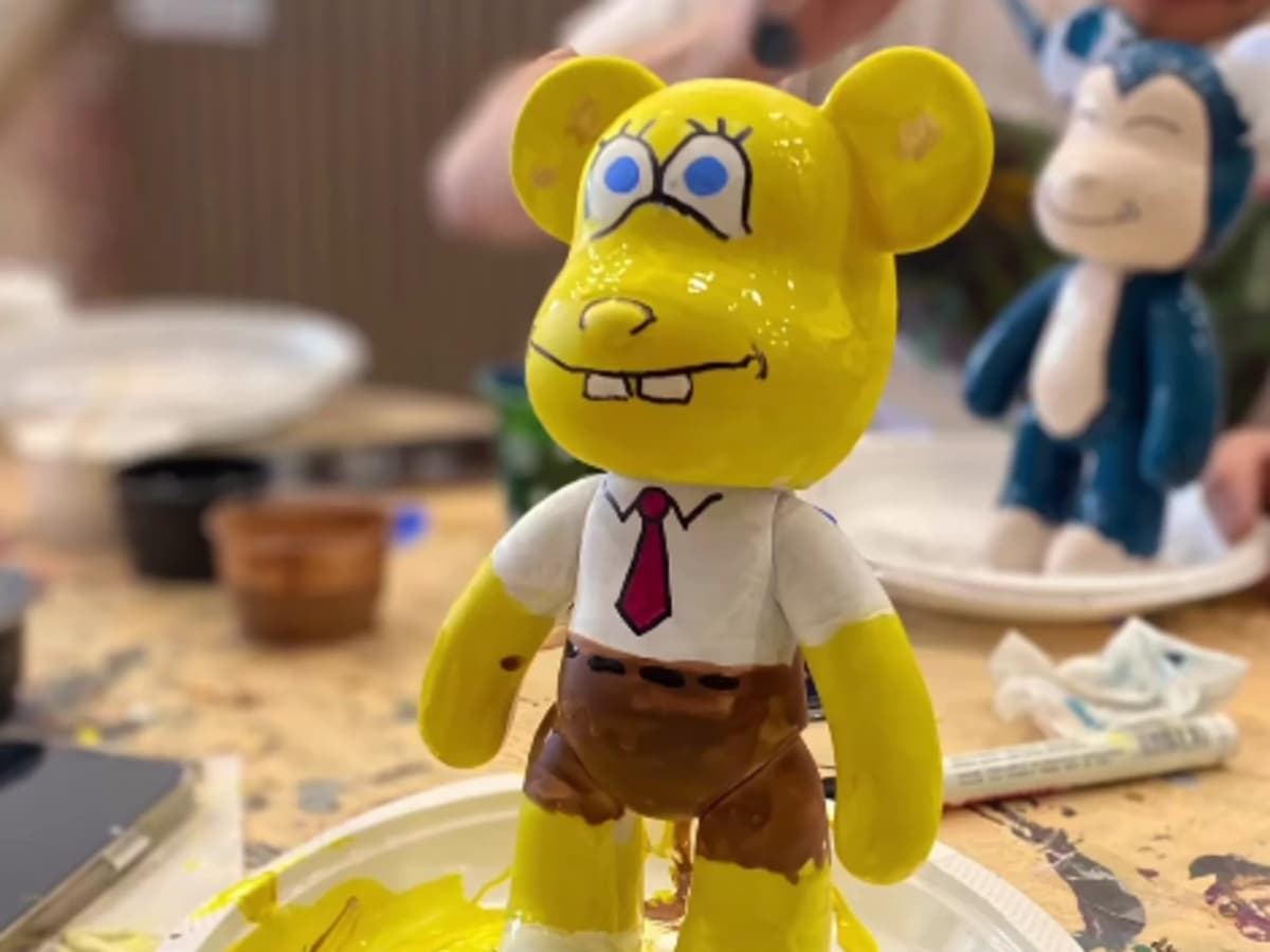 close-up of a toy painted with spongebob's design