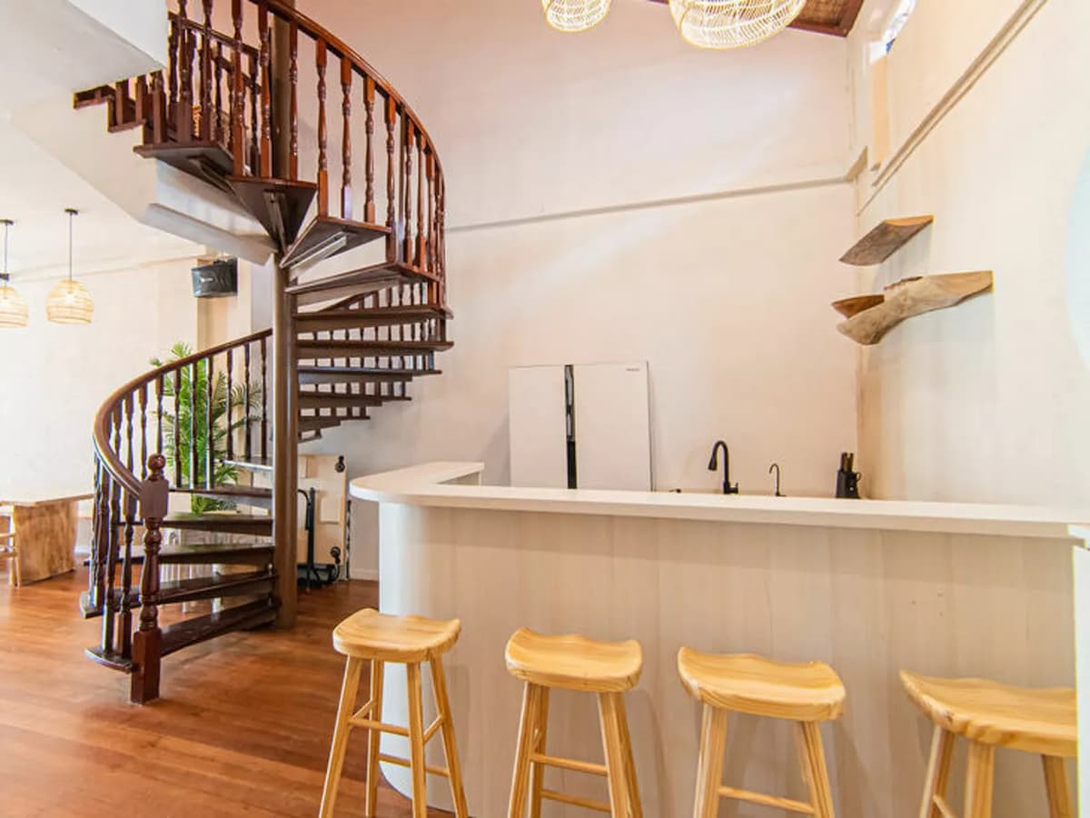 bohemian bar area and spiraling stairs
