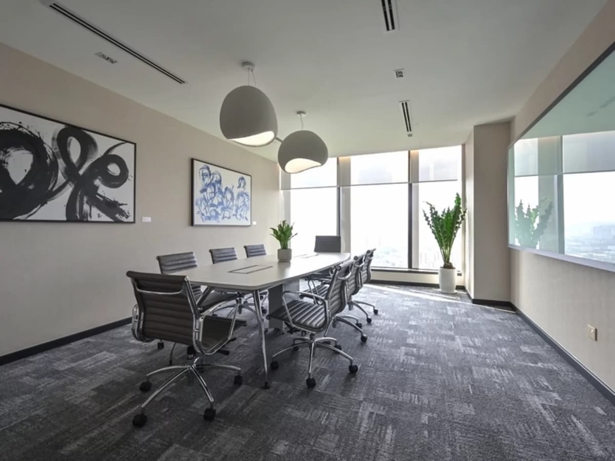 large meeting room with black and white interior
