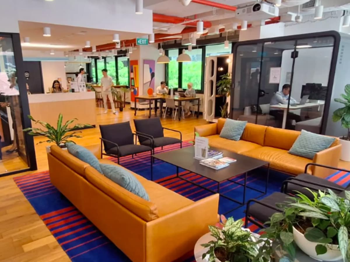 open coworking area with retro-style livingroom
