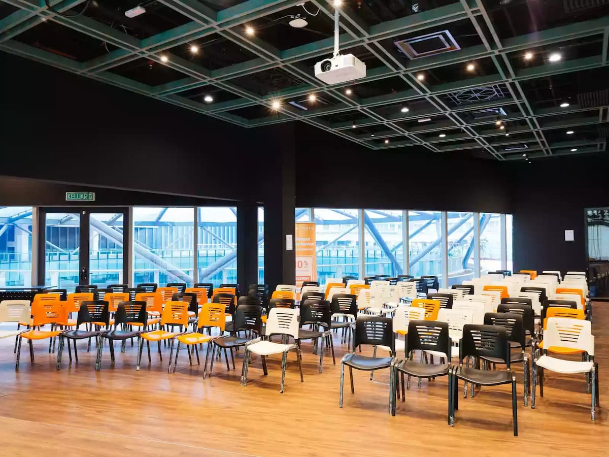seminar venue with full-height glass window with city view