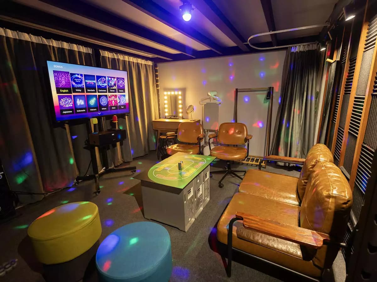 small party room with karaoke machine