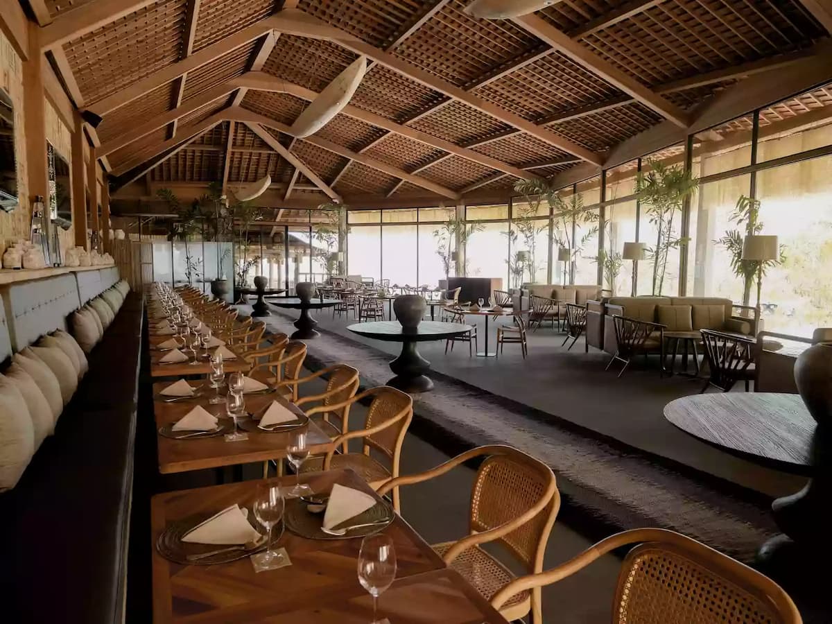 luxurious dining space with rattan and wooden interior