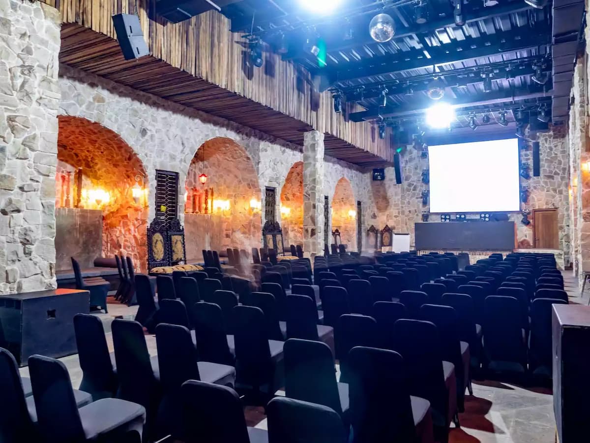 elegant black seating arranged in a theater-style setup