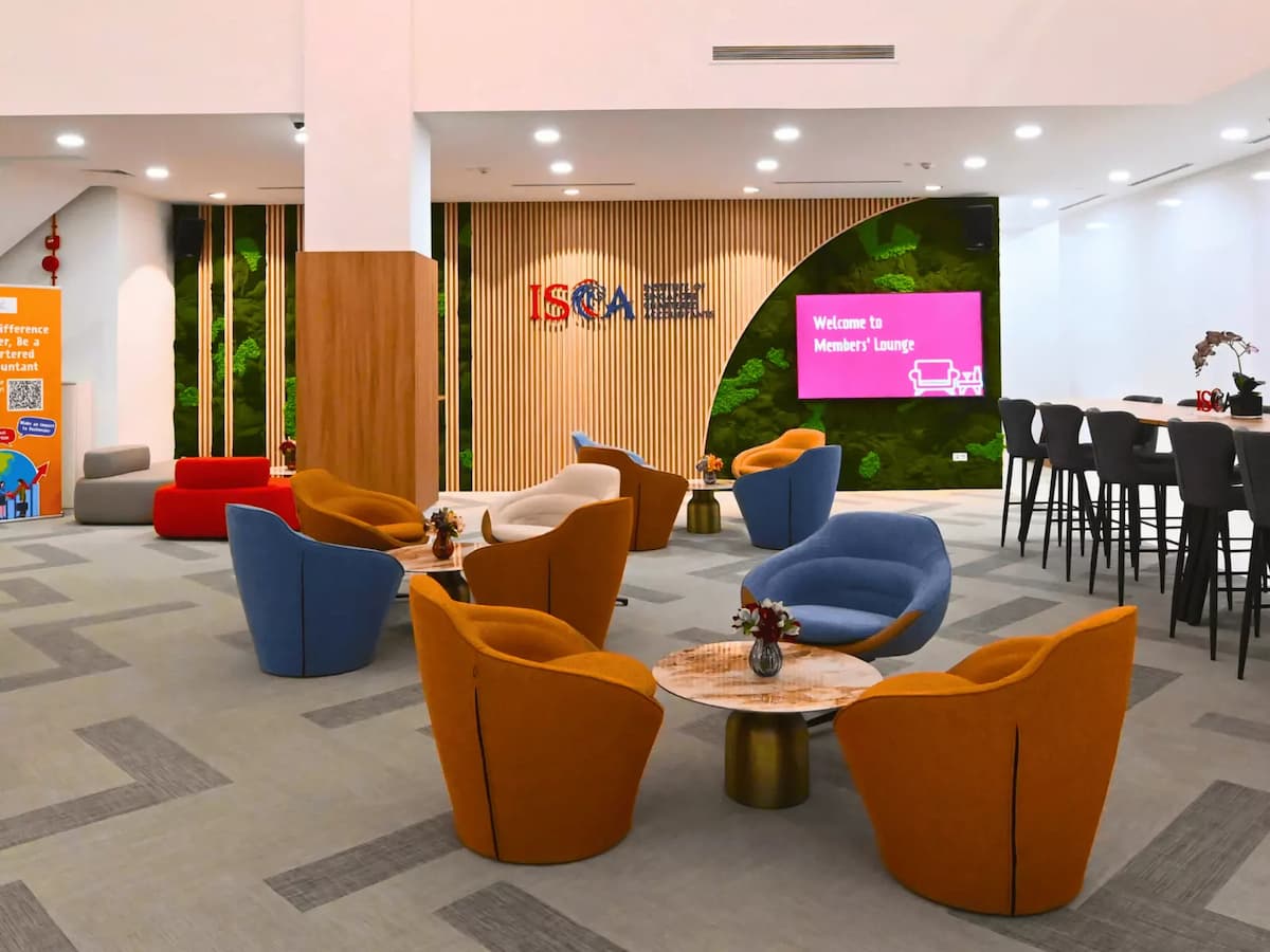 lounge area with vibrant arm chairs