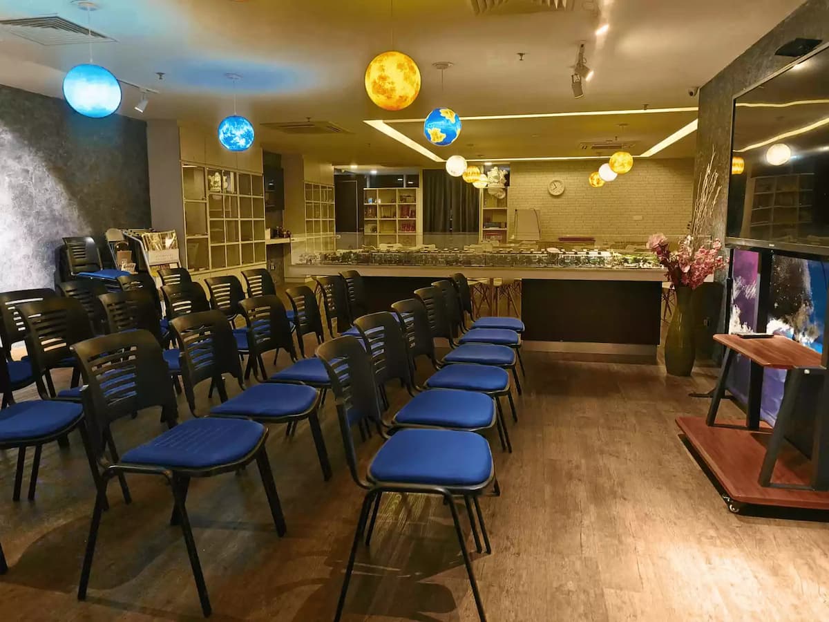 rows of blue black chairs