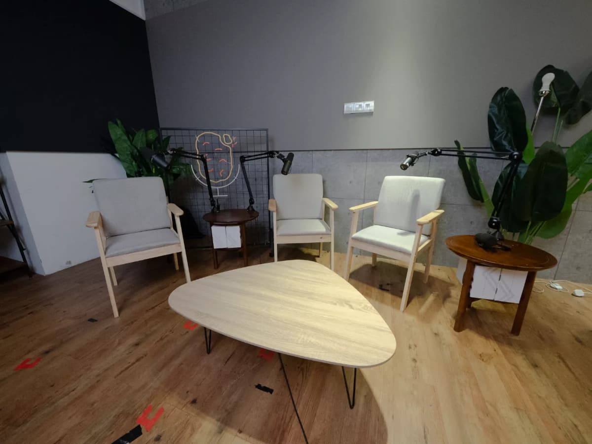 Modern lounge setup with light wooden chairs, microphones on stands, indoor plants, and a coffee table on a wood floor.
