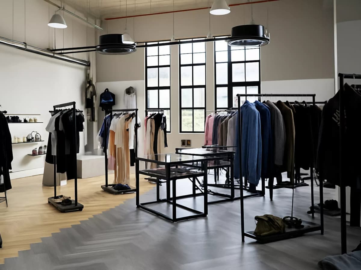 Boutique retail space with clothing racks and minimalist interior.