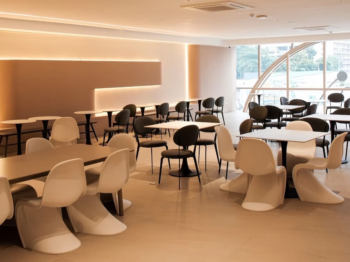 Bright contemporary café-style space with sculptural seating, minimalist tables, and soft ambient lighting.